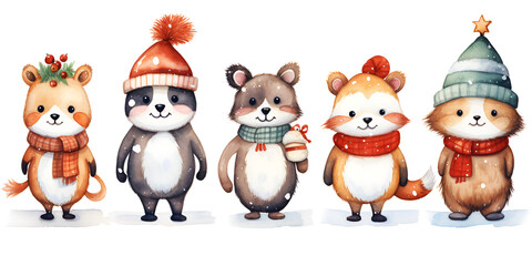 Fototapeta premium Watercolor set of cute animals in winter cloth isolated on white background