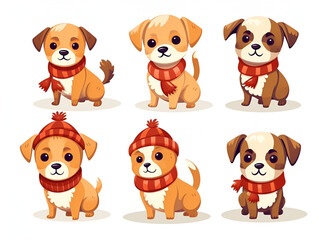 Illustration set of cute dogs with red Christmas hats on white background 