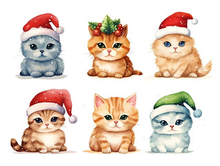 Watercolor illustration of cute cat with Christmas hat on white background