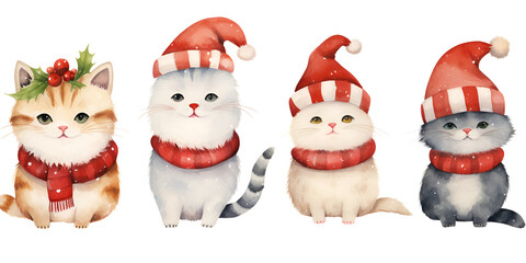 Set of watercolor illustration of cats with Christmas hats on white background