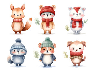 Watercolor set of cute animals in winter cloth isolated on white background