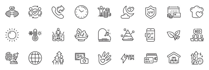 Fototapeta na wymiar Icons pack as Photo camera, Online auction and Quickstart guide line icons for app include Social responsibility, Augmented reality, Share call outline thin icon web set. Globe. Vector