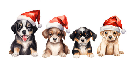 Watercolor set of cute dogs with red Christmas hats on white background 
