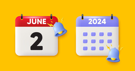 Calendar date 3d icon. 2nd day of the month icon. Event schedule date. Meeting appointment time. 2nd day of June month. Calendar event reminder date. Vector