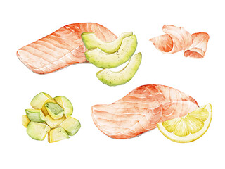Set of salmon slices, avocado, lemon on a white isolated background. Digital watercolor hand drawn illustration. Suitable for menu and cookbook, packaging, signboard, market, posters, recipe design.