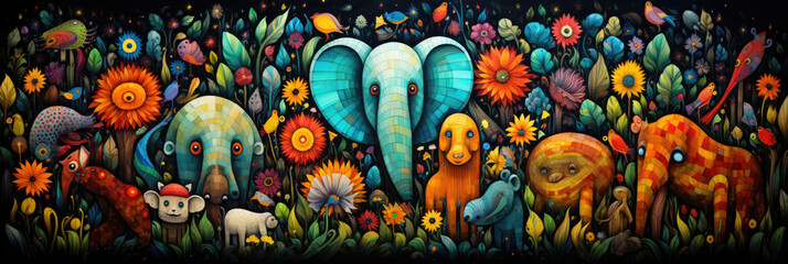 Fototapeta premium Mythical fantasy animals and flowers in drawing style, imagination creativity concept. Horizontal banner