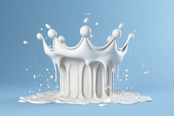 Milk flowing with crown-shaped splash, perfect for milk product background. 3D rendering with clipping path. Generative AI