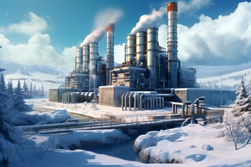 Winter power plant with cooling and water storage. Generative AI - obrazy, fototapety, plakaty