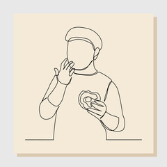 Continuous single one line drawing of man hold and eat sweet donut in closeup portrait. Vector illustration