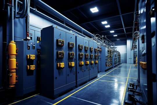 Image of power distribution station with transformers and high-voltage equipment. Generative AI