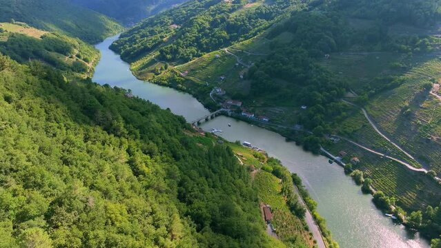 Aerial View Of Ponte de Belesar Over The Minho River in Chantada, Lugo, Spain.