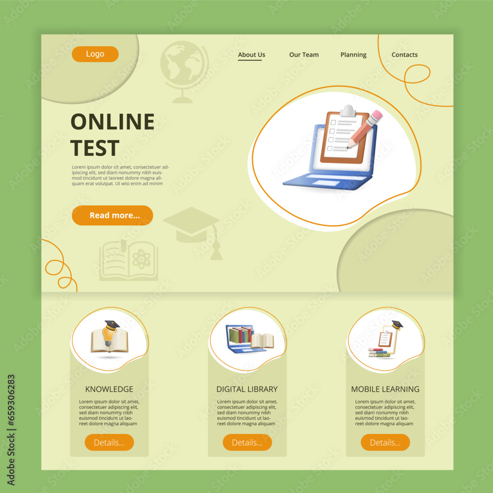 Poster online test flat landing page website template. knowledge, digital library, mobile learning. web ban