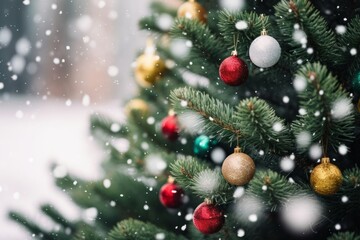 Fototapeta na wymiar snow winter festive greeting season with pine tree decorate with xmas ball and light element christmas background ideas concept