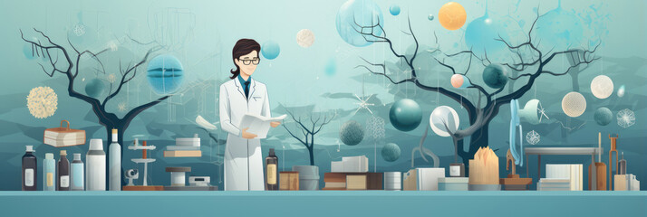 Doctor, laboratory assistant with books and medicines, medical abstract background. Horizontal banner