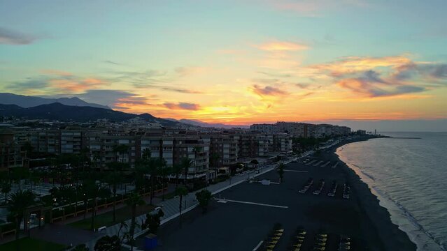 Aerial View Of Coastal Town Of Torrox At Dusk In Costa del Sol, Malaga, Spain.