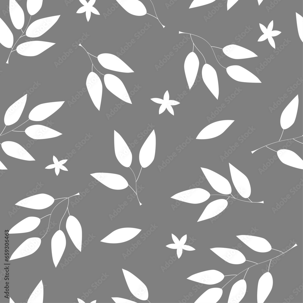 Wall mural Monochrome seamless pattern with silhouettes of branches and leaves, flowers. Abstract natural simple print. Vector graphics.
