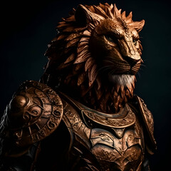 Lion in armor on a dark background. Portrait of a mythical creature.