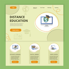 Distance education flat landing page website template. Distance learning, digital library, video lesson. Web banner with header, content and footer. Vector illustration.