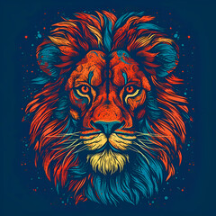 Lion head on dark blue background. Vector hand drawn illustration.