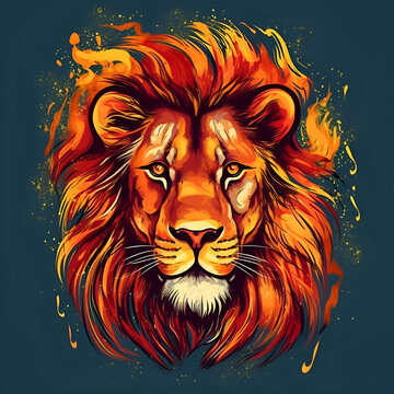 Lion head with fire flames. Hand drawn vector illustration in sketch style.
