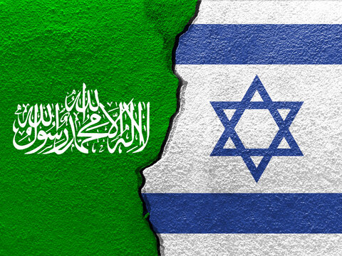 Hamas and Israel's flags on cracked wall