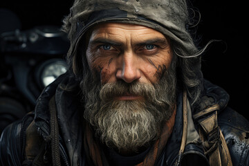 Fototapeta premium Portrait of a male biker with a beard in a leather jacket