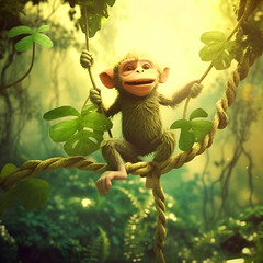 Funny monkey sitting on rope in the jungle. Vintage style.