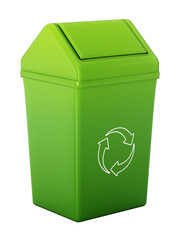 Plastic dustbin with recycle symbol isolated on white background. 3D illustration