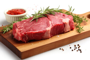 Raw beef on wooden cutting board on white background