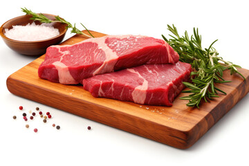 Raw beef on wooden cutting board on white background