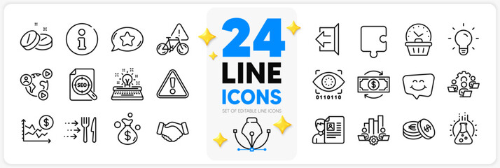Icons set of Last minute, Chemistry lab and Seo file line icons pack for app with Typewriter, Medical tablet, Puzzle thin outline icon. Bike attention, Teamwork chart, Teamwork pictogram. Vector