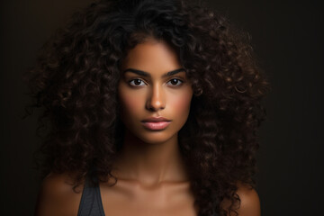 Front view female portrait, young pretty African American woman model with curly hairstyle looking at camera