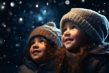 cute little kids in winter outfit fascinated looking at snowfall. Winter lifestyle, first snow.
