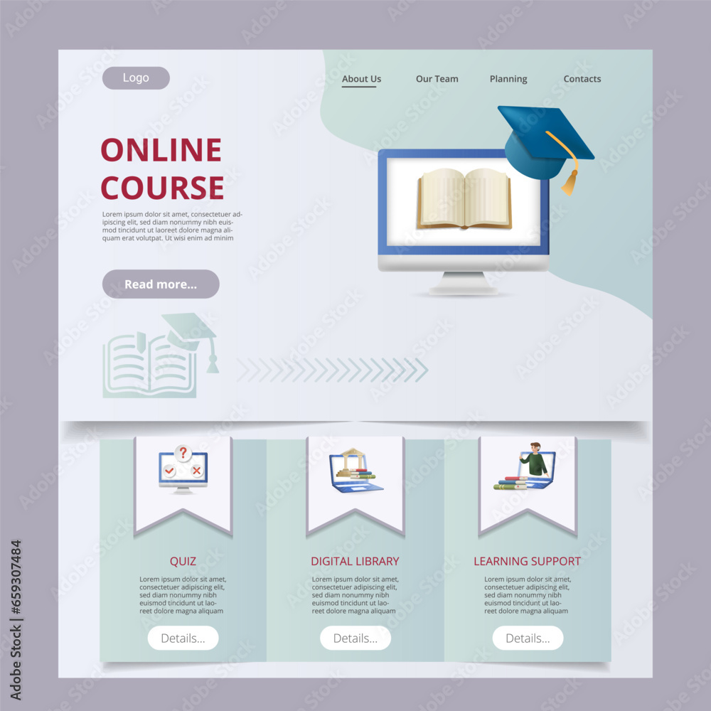 Poster online course flat landing page website template. quiz, digital library, learning support. web banne