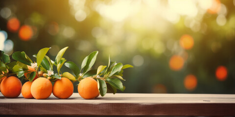 Wooden table and orange trees for product and merchandise display created with Generative Ai technology  - Powered by Adobe