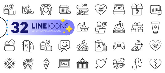 Outline set of Discount, Carry-on baggage and Passport line icons for web with Mattress, Accounting, Sale thin icon. Honeymoon travel, Love, Message pictogram icon. Broken heart. Vector