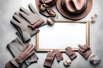 A photorealistic 3D rendering of a top view of stylish seasonal accessories, including a trendy felt hat, cozy scarf, elegant gloves, and a chic handbag, on a light grey background 