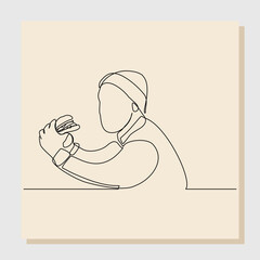 Continuous line drawing of man hold and eat hamburger fastfood. One line art of diabetes concept. Vector illustration