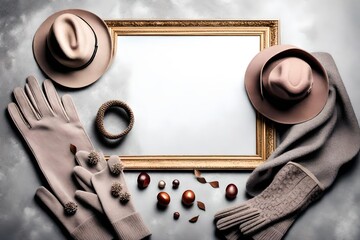 A photorealistic 3D rendering of a top view of stylish seasonal accessories, including a trendy felt hat, a cozy scarf, elegant gloves, and a chic handbag, on a light grey background  - obrazy, fototapety, plakaty