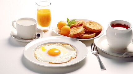 Breakfast of granola and berries with a cup of coffee and a glass of juice white background.