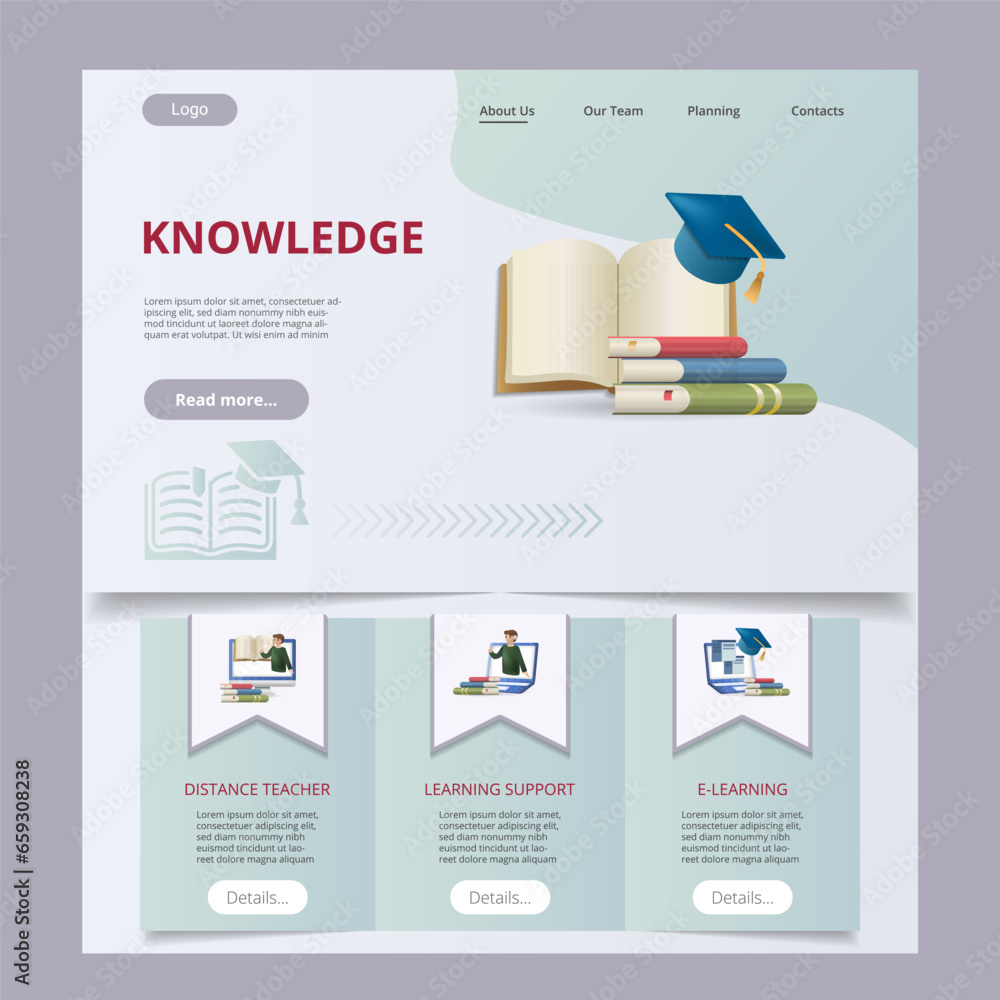 Poster knowledge flat landing page website template. distance teacher, learning support, e-learning. web ba