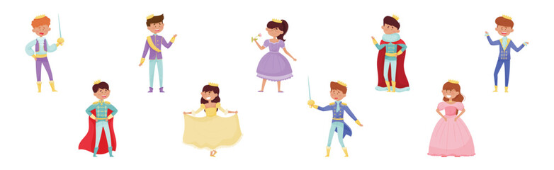 Cute Little Boys and Girl Prince and Princess in Gown with Crown Vector Set