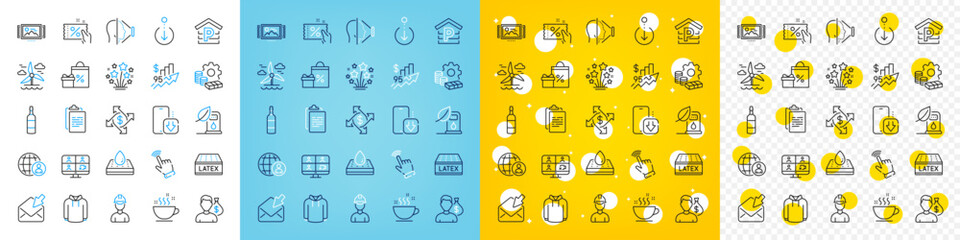 Vector icons set of Discount coupon, Clipboard and Latex mattress line icons pack for web with International recruitment, Fireworks stars, Image carousel outline icon. Foreman. Vector