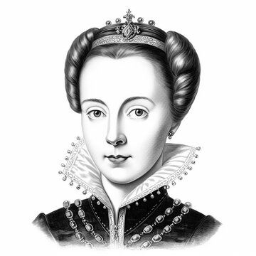 Black and white vintage engraving, headshot portrait of Mary Queen of Scots (Mary I of Scotland), facing camera, white background, greyscale - Generative AI