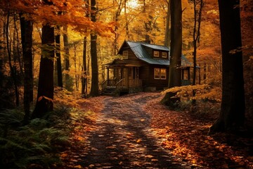 Warm cabin in autumn woods. Generative AI