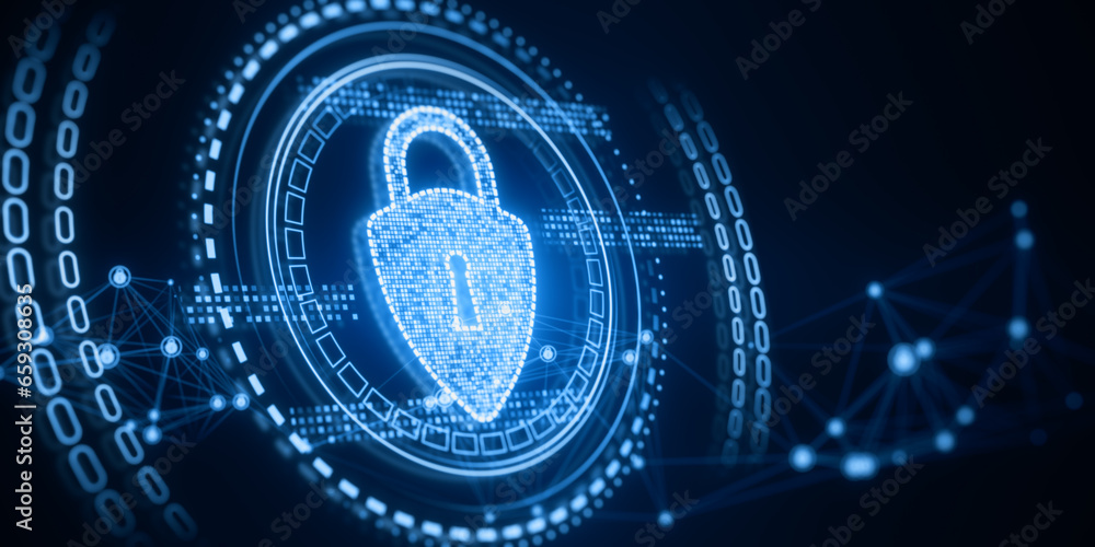 Poster abstract glowing polygonal padlock hologram on blurry dark blue padlock. safety and security concept