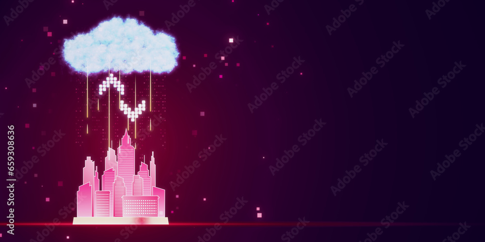 Aufkleber Cloud computing concept. Smart city wireless internet communication with cloud storage, cloud services. Download, upload data on server. Hologram on purple background with mock up place. 3D Rendering.