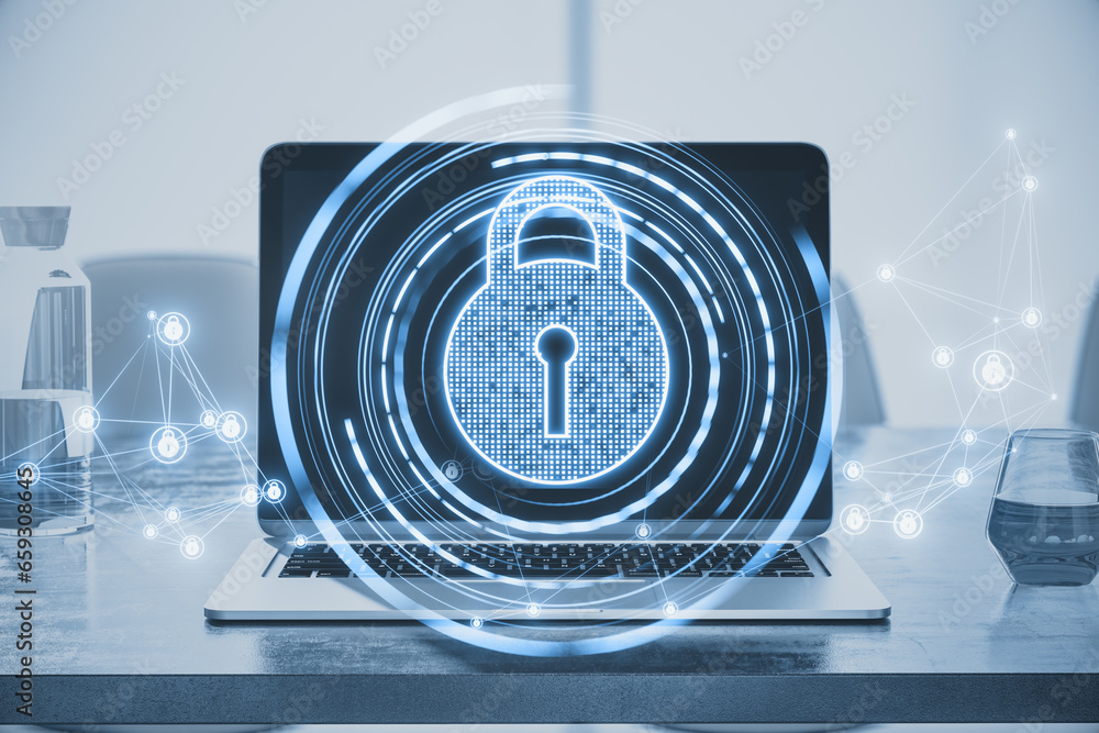 Poster close up of laptop on desk with glowing polygonal padlock hologram on blurry window with city view b