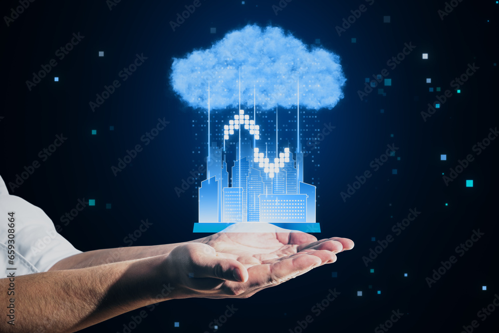 Poster close up of businessman hands holding cloud computing hologram. smart city wireless internet communi