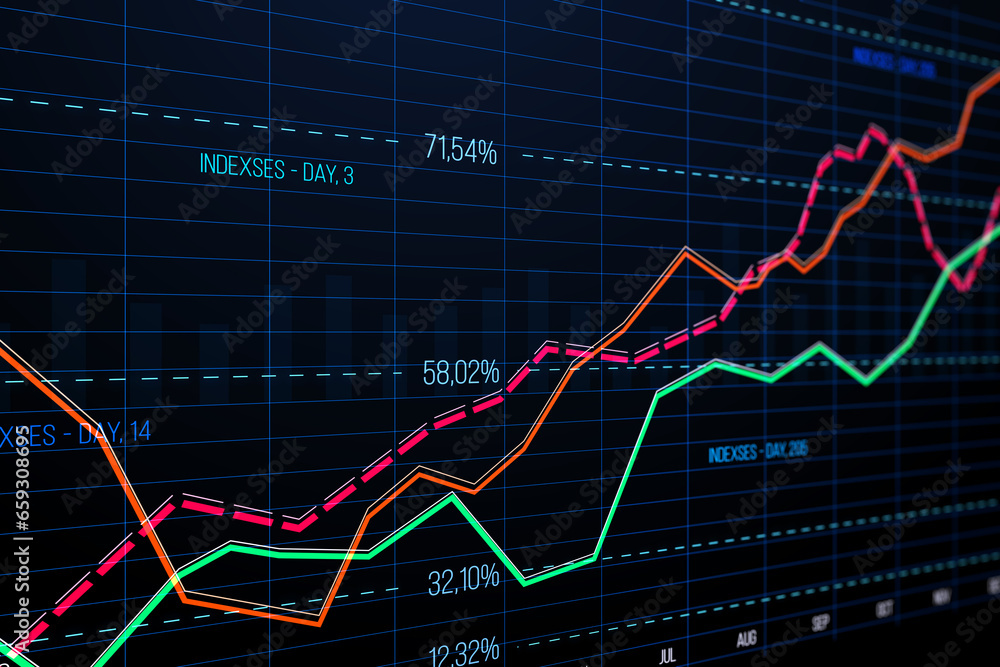 Poster Creative business graph with index and grid on dark background. Stock market and financial statistics concept. 3D Rendering.